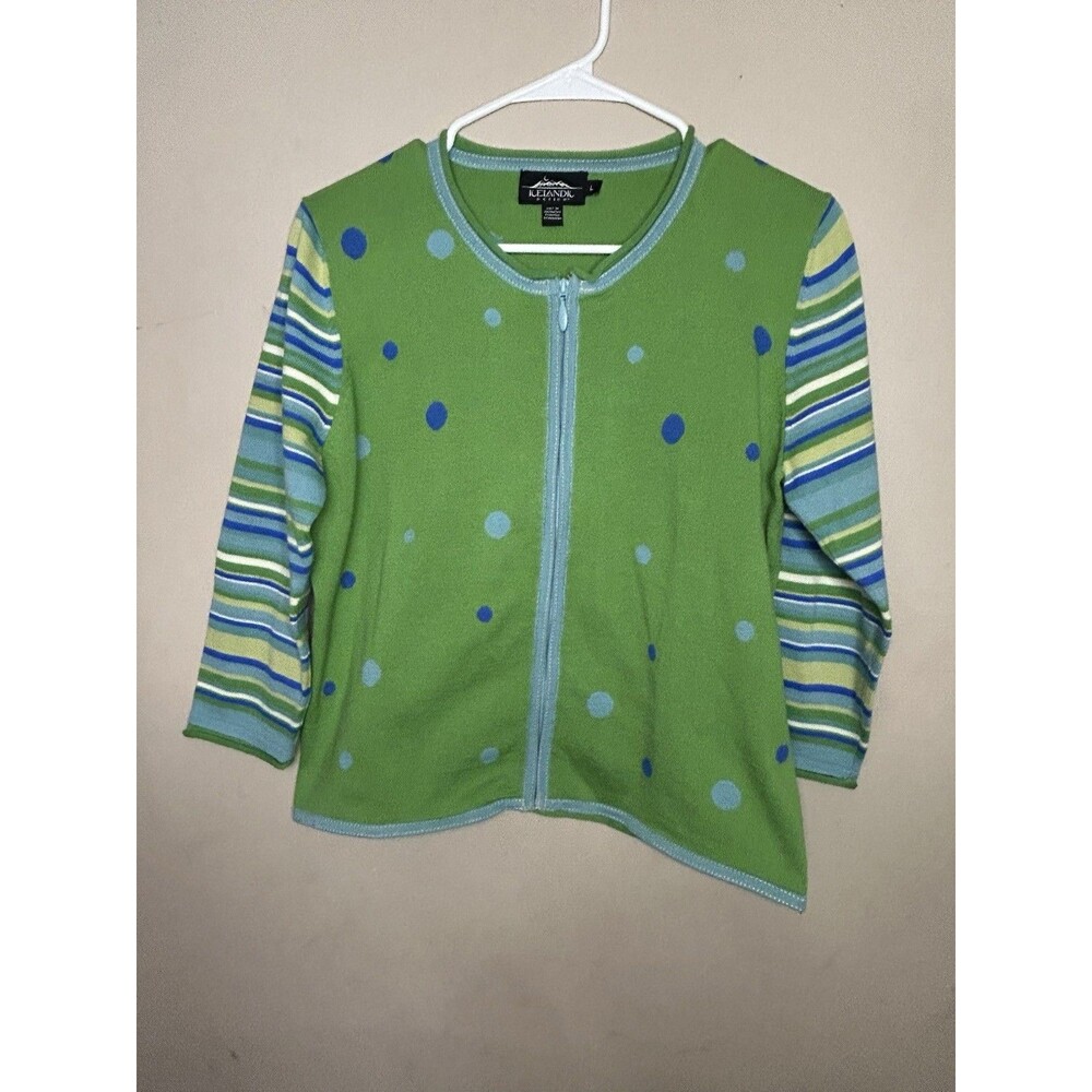 Icelandic Design Green Whimsical 100% Cotton Polka For Cardigan Sweater Large